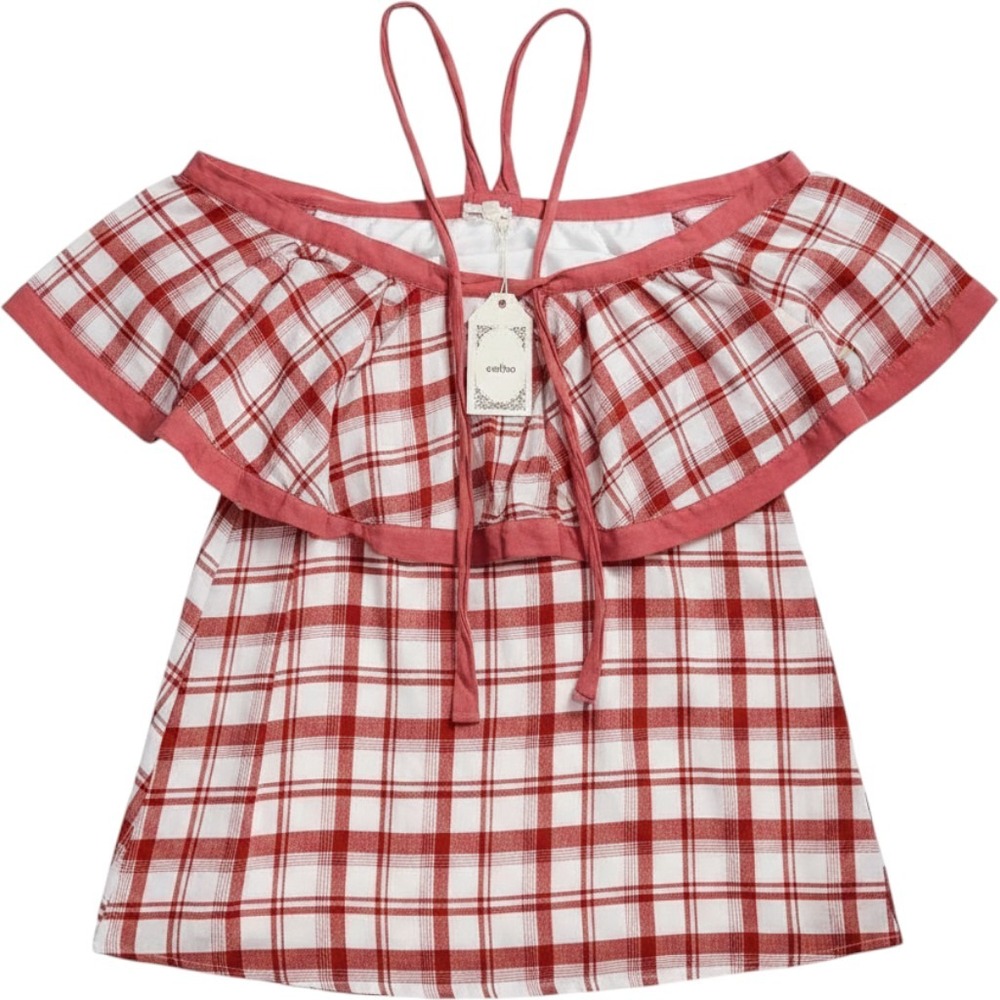 Cello Womens Red White Plaid Off The Shoulder Ruffle Halter Blouse Top Small